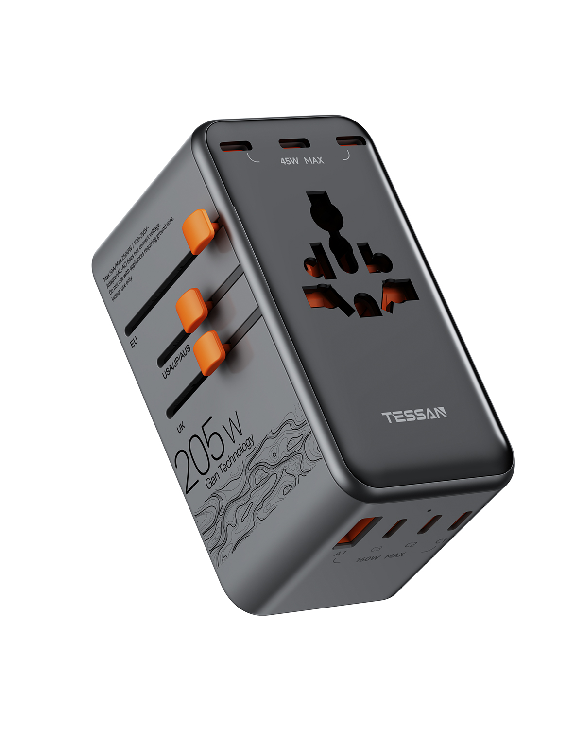TESSAN Voyager 205 travel adapter in black with orange plug selectors